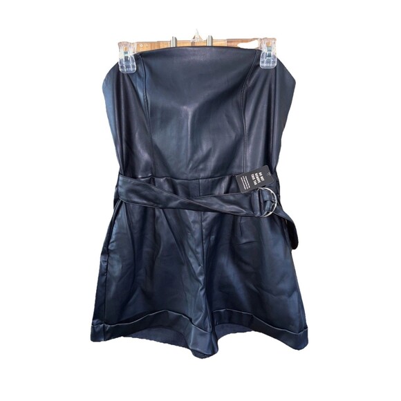 Express Faux Leather Romper Black New Strapless Pockets Belted Lined Cuffed 14 - Picture 2 of 9